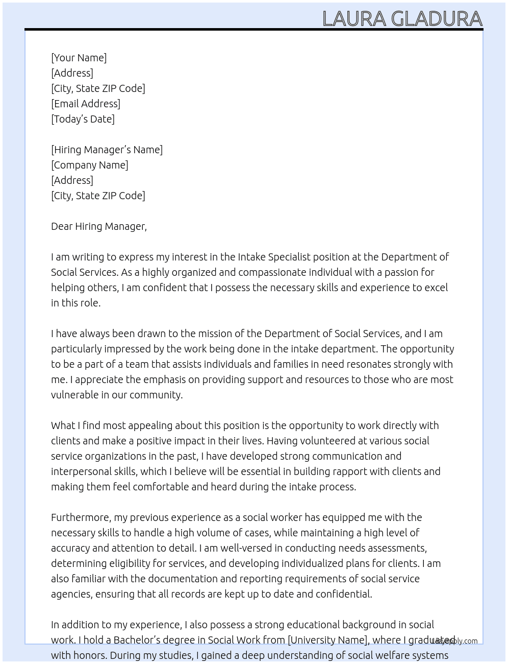 Intake Specialist At Department of Social Services Cover Letter