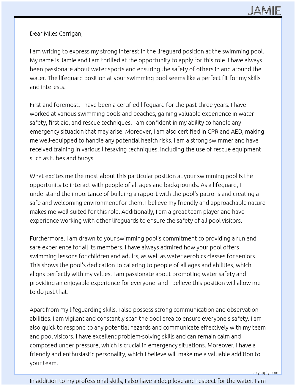 lifeguard At swimming pool Cover Letter