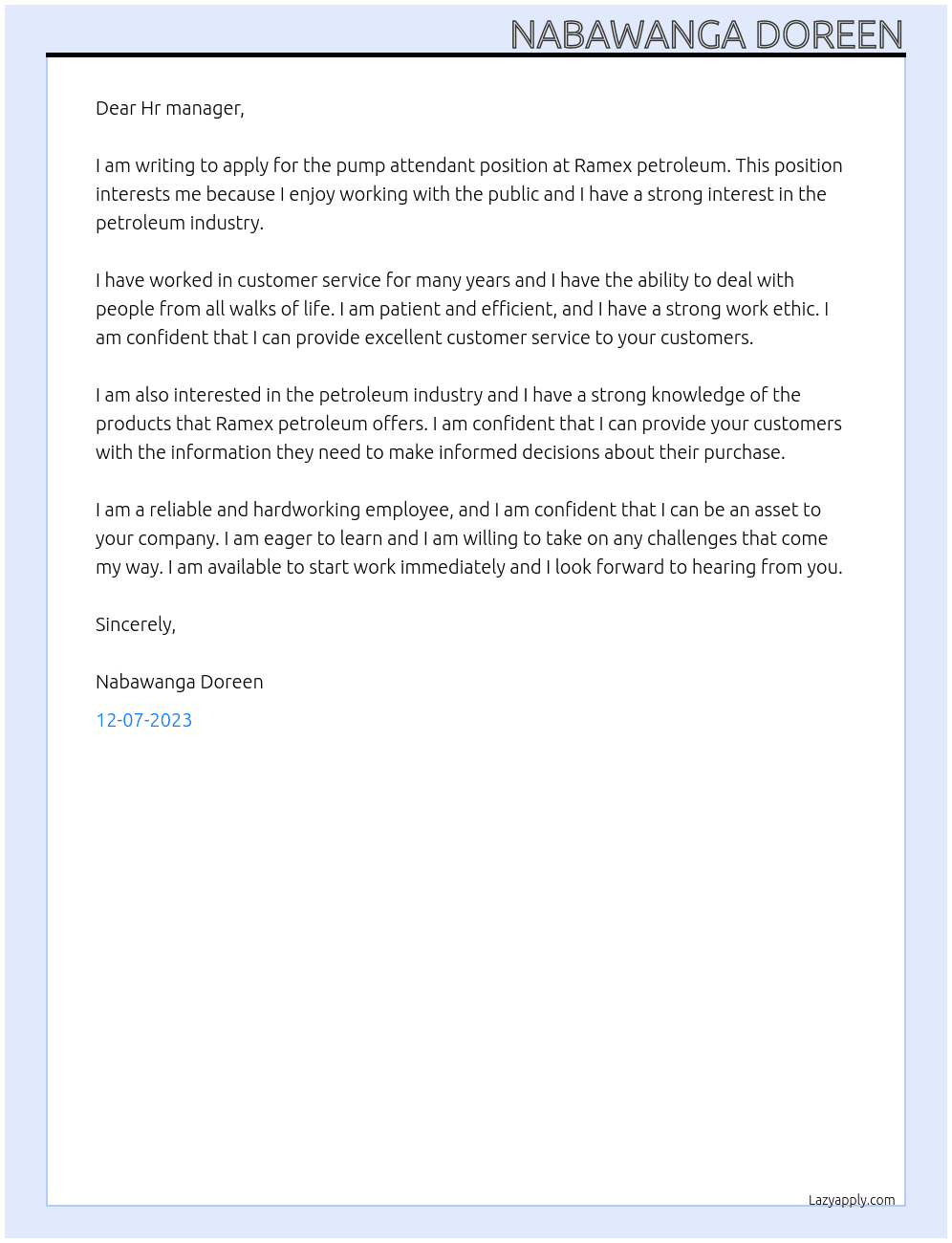 A pump attendant At Ramex petroleum  Cover Letter