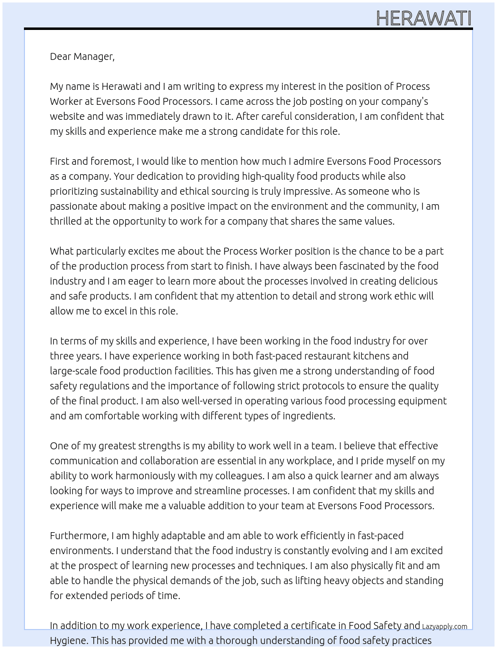 process worker At Eversons Food Processors Cover Letter