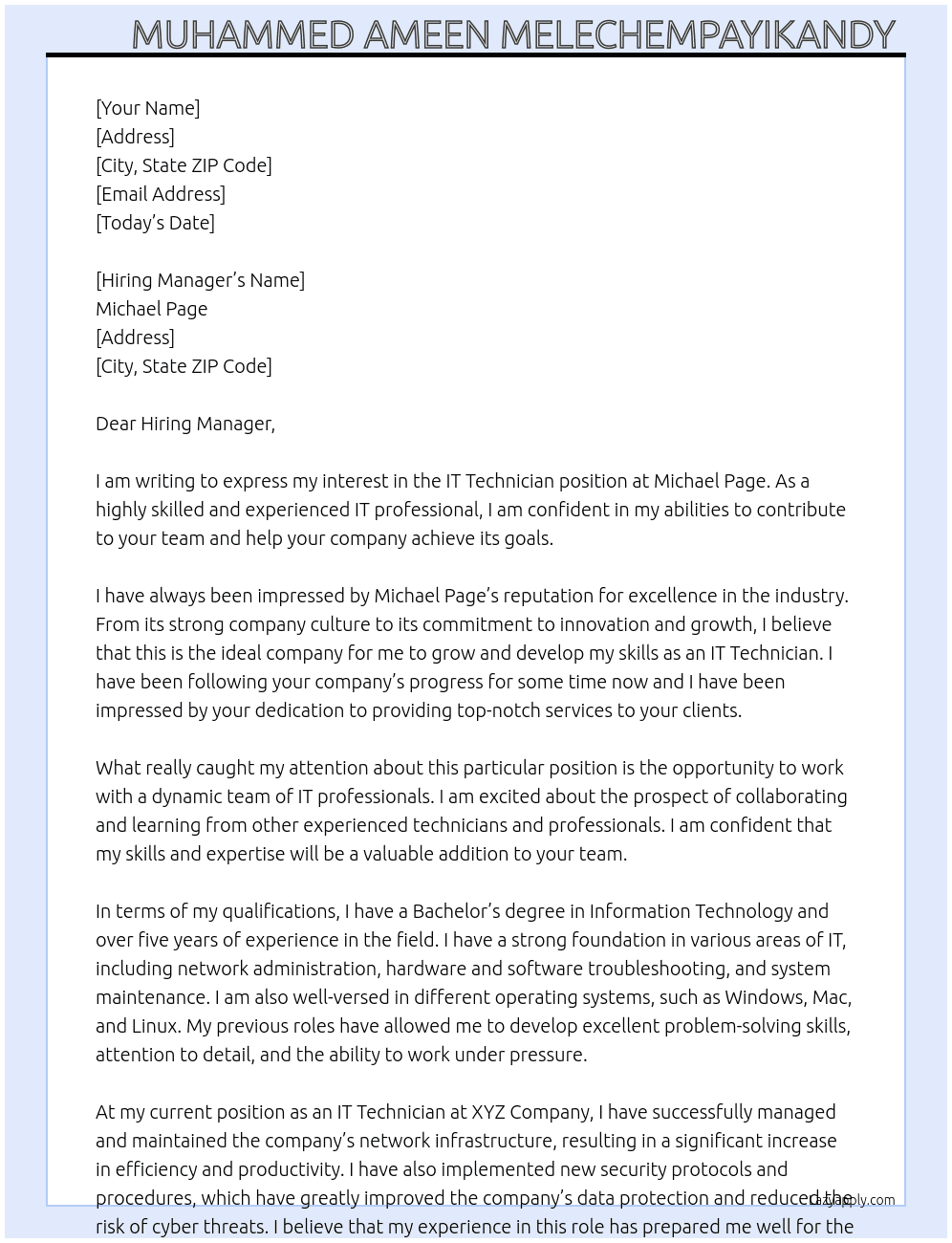 IT Technician  At Michael Page  Cover Letter