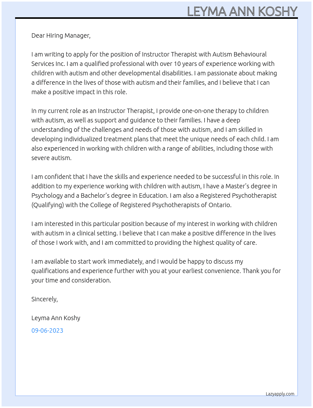 instructor therapist At Autism Behavioural Services Inc. Cover Letter