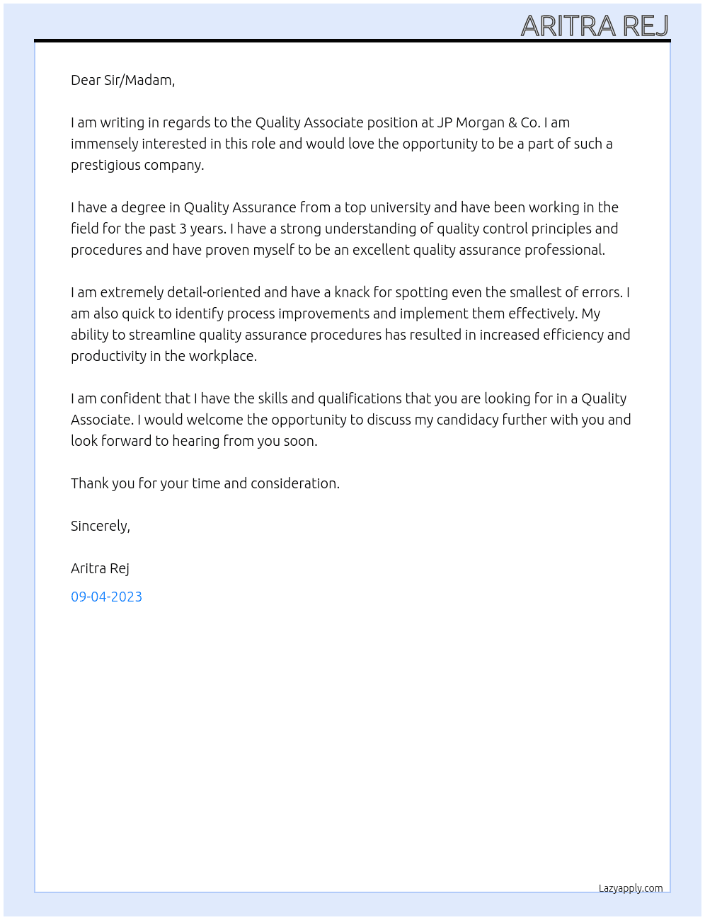 Quality Associate At JP Morgan & Co. Cover Letter
