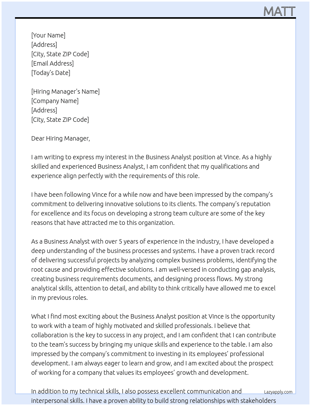 Business Analyst At Vince Cover Letter