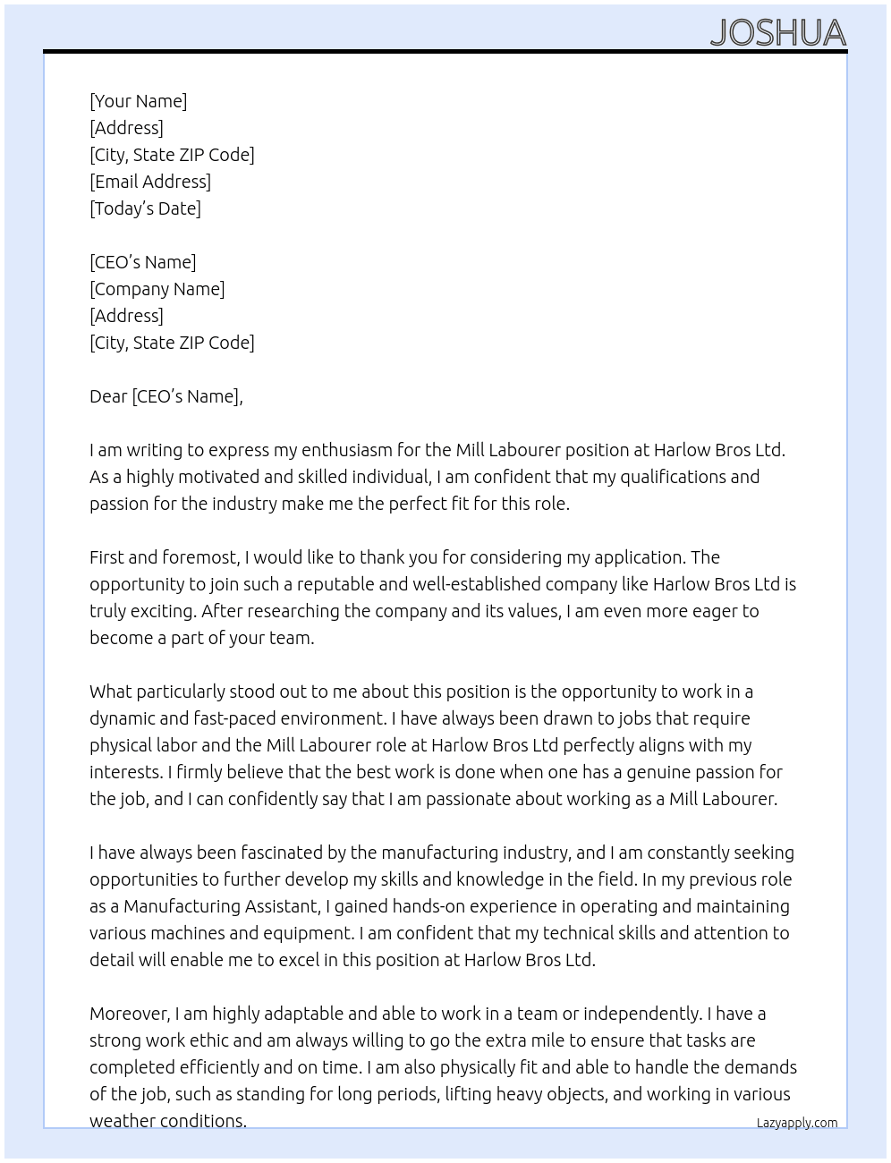 Mill Labourer At Harlow Bros Ltd Cover Letter