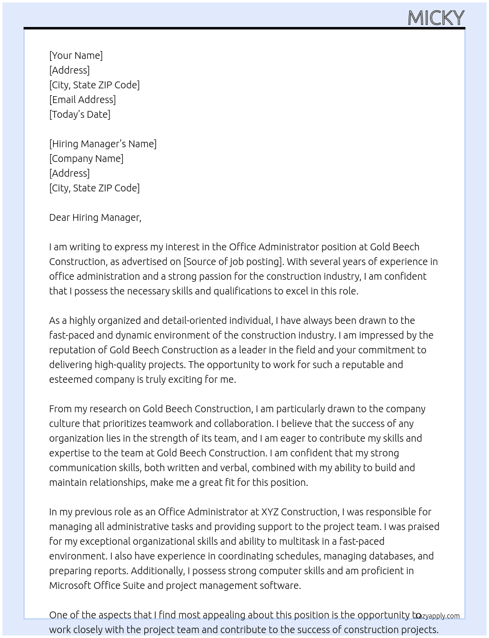 Office Administrator At Gold Beech Construction Cover Letter