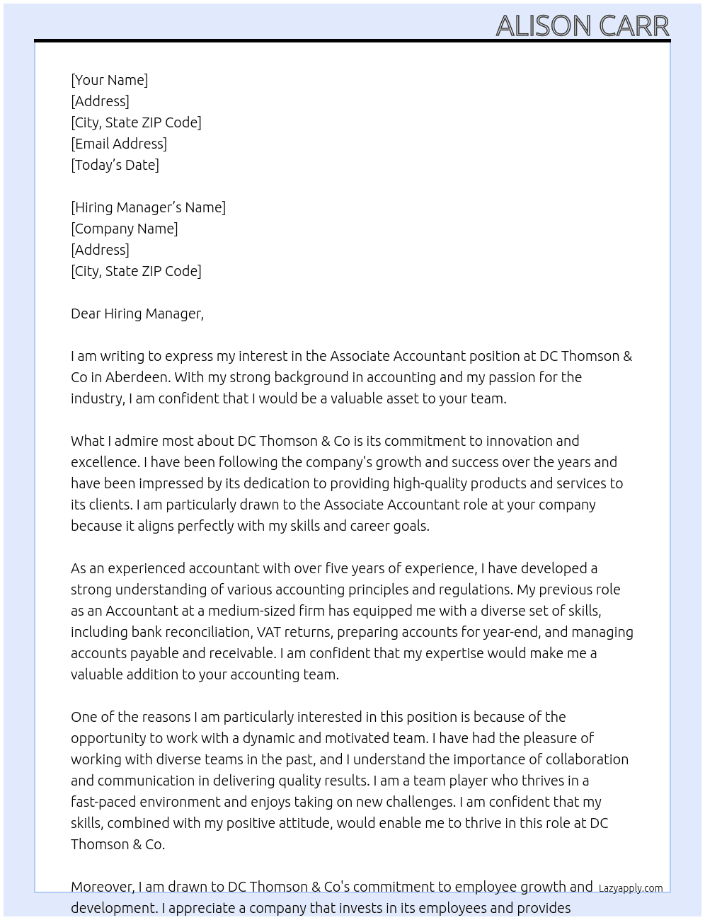 Associate Accountant At DC Thomson & Co Cover Letter