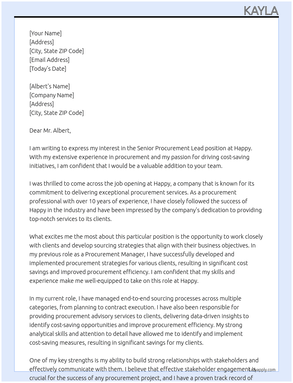 Senior procurement lead At Happy Cover Letter