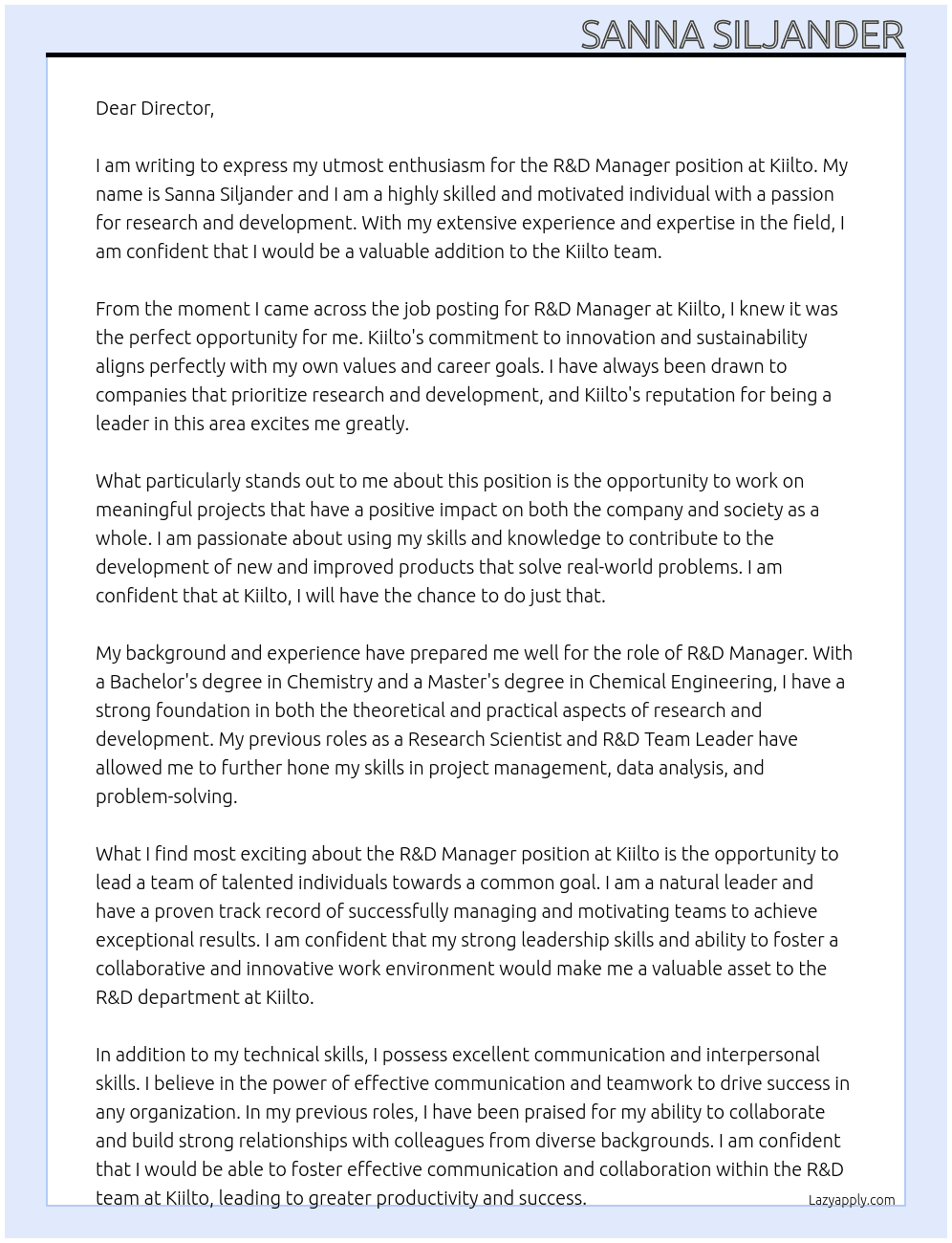 R&D manager At Kiilto Cover Letter
