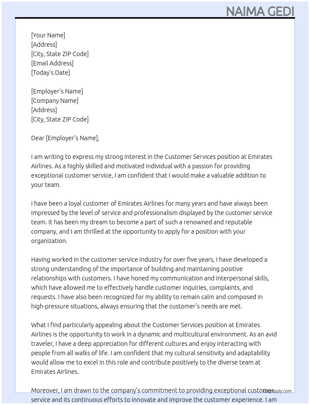 Customer Services  At Emirates Airlines Cover Letter
