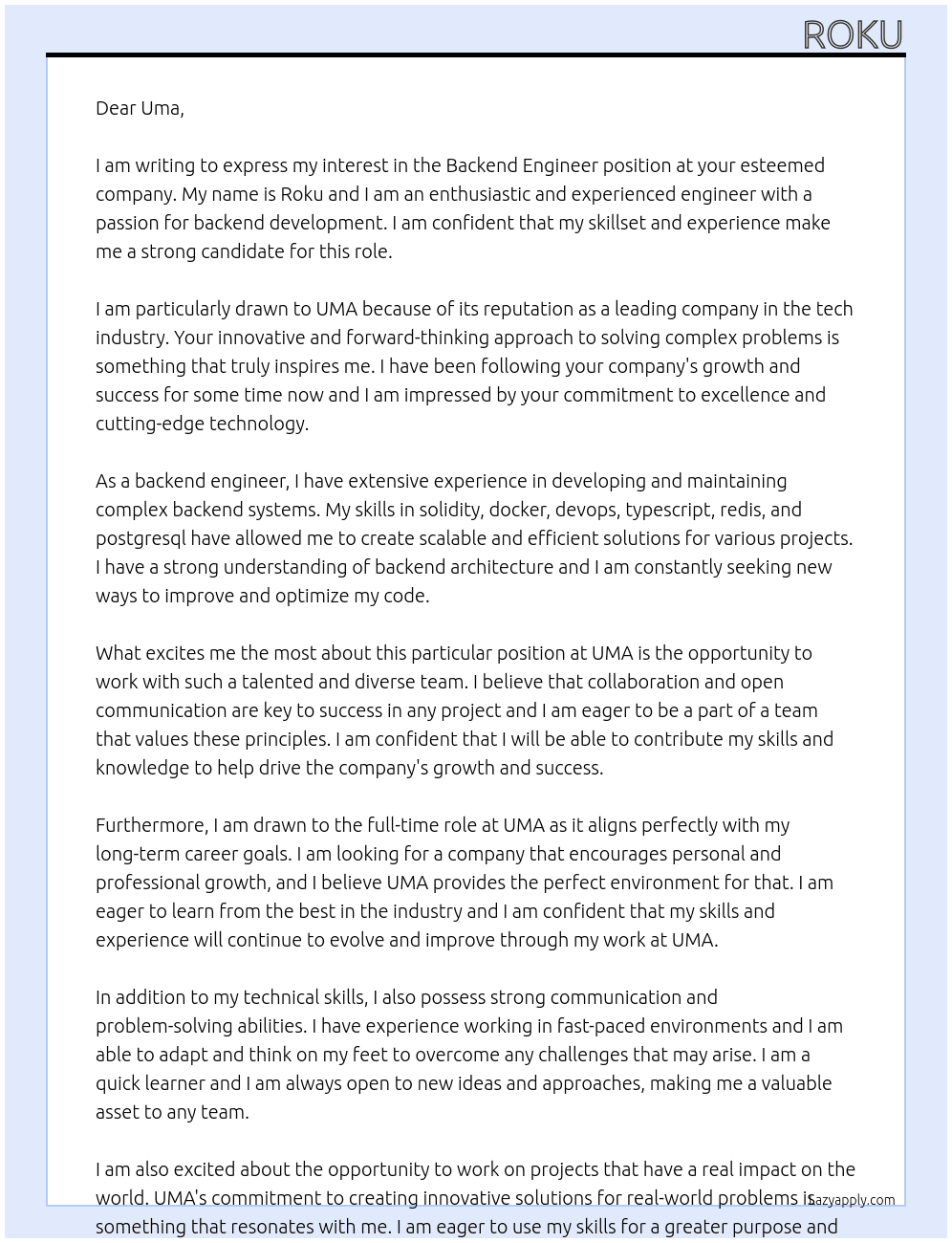 Backend Engineer At UMA Cover Letter