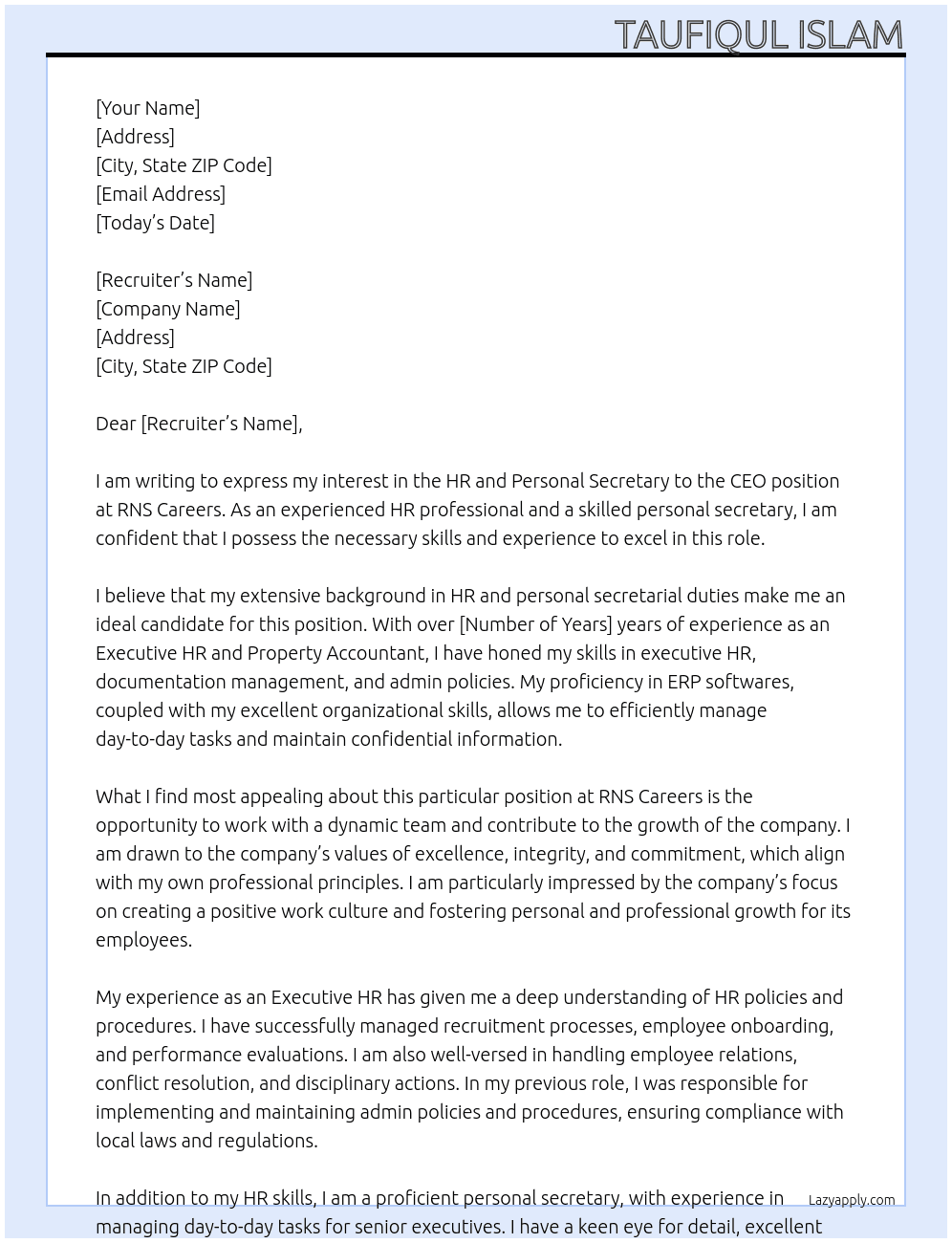 "HR and Personal Secretary to the CEO" At RNS CAREERS Cover Letter