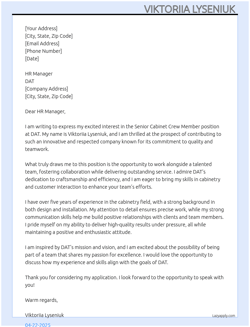 Senior Cabinet Crew Member  At DAT Cover Letter