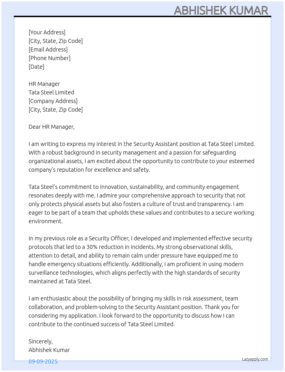 Cover letter for security assistant - LazyApply