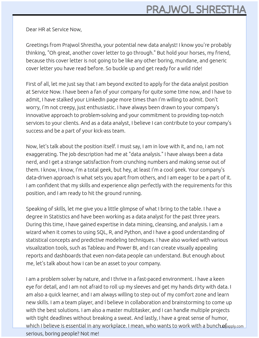 data analyst At service now Cover Letter