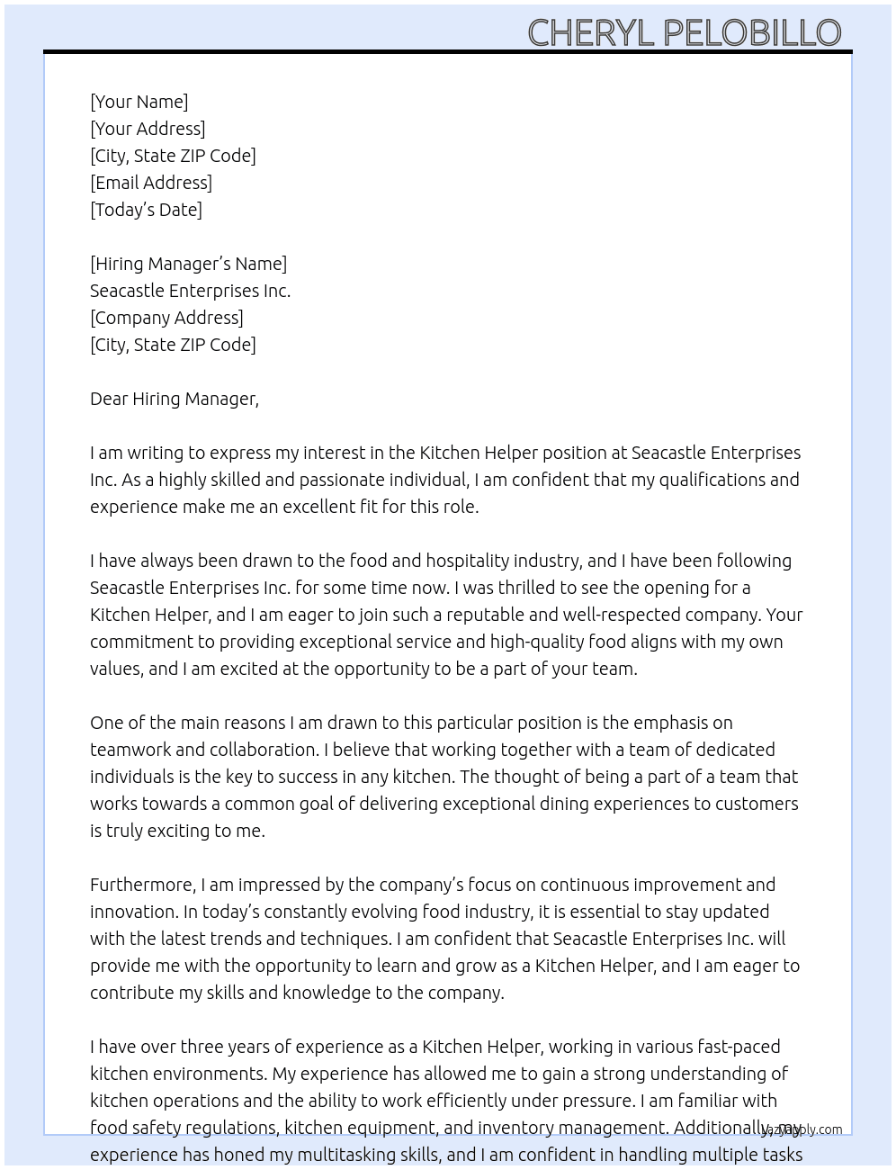 Kitchen Helper At Seacastle Enterprises Inc Cover Letter