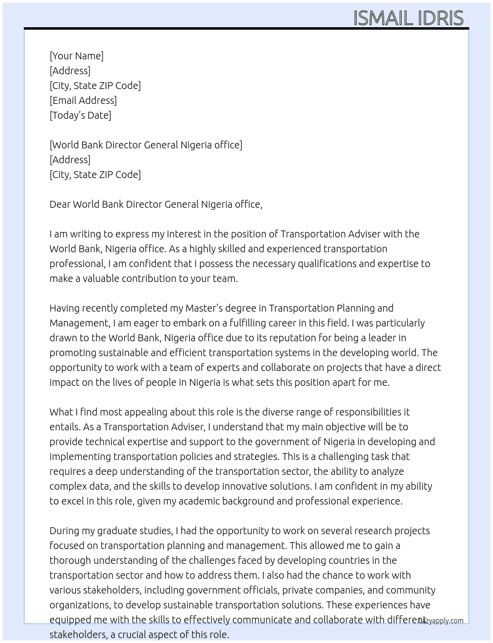 Transportation adviser At World Bank, Nigeria office  Cover Letter