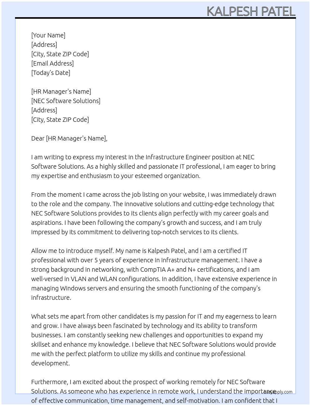Infrastructure Engineer At NEC Software Solutions Cover Letter