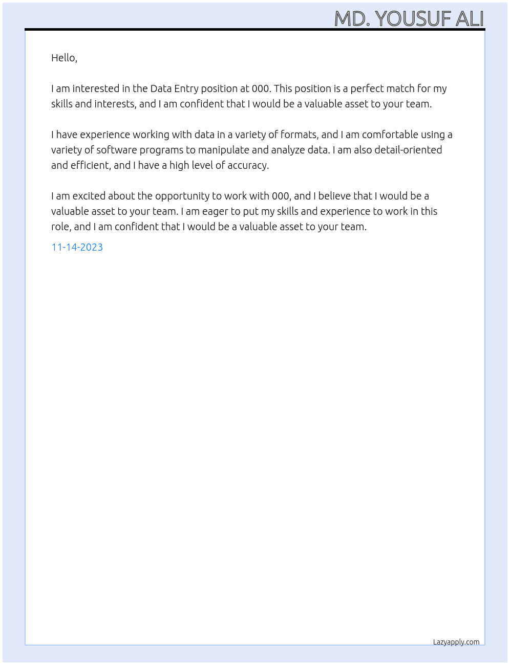 Data Entry At 000 Cover Letter