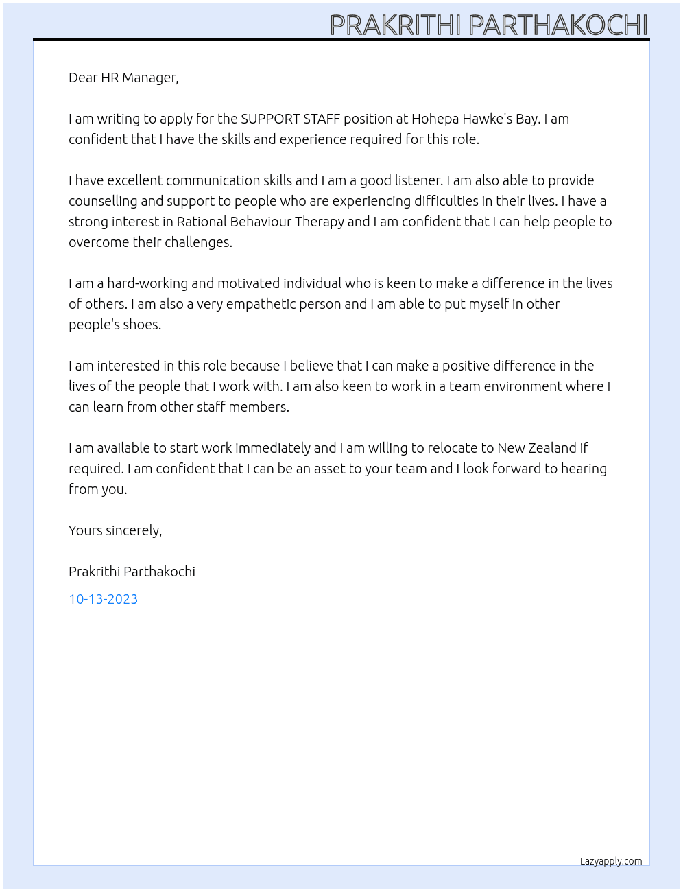 SUPPORT STAFF At Hohepa Hawke's Bay Cover Letter