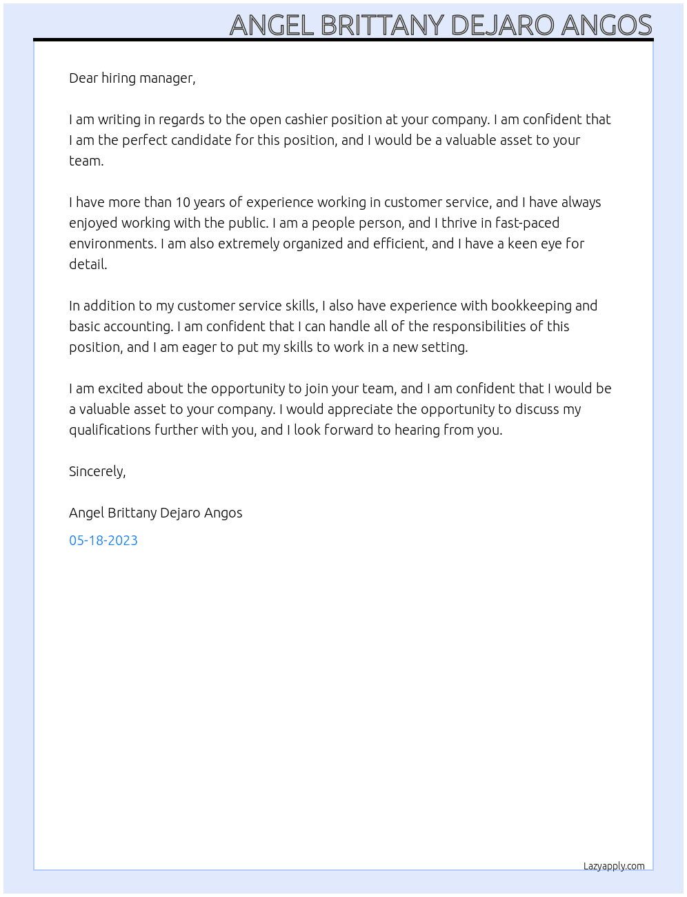 cashier  At cashier Cover Letter