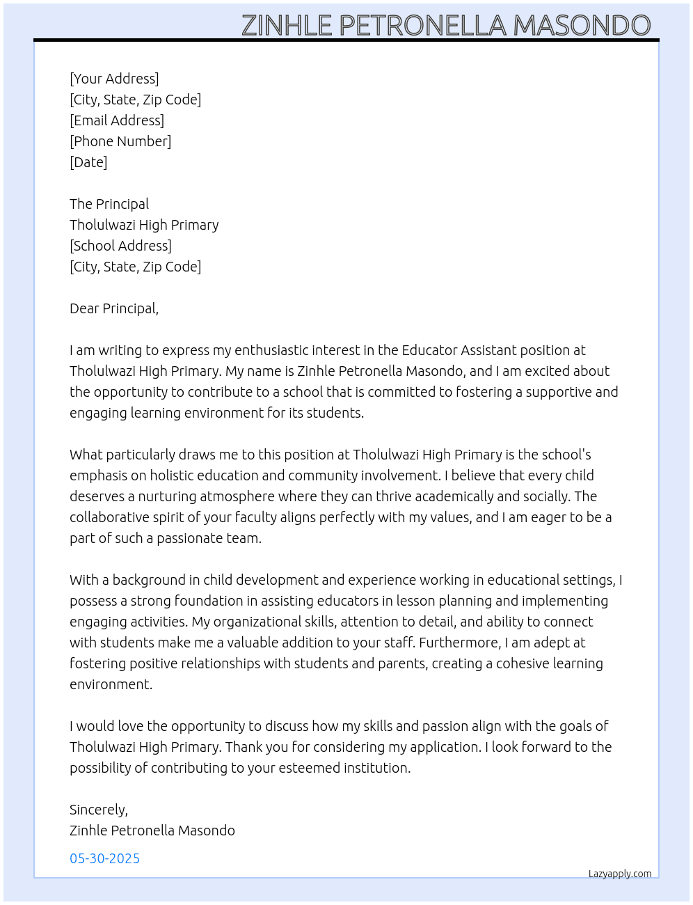 Educator Assistant  At Tholulwazi high Primary  Cover Letter