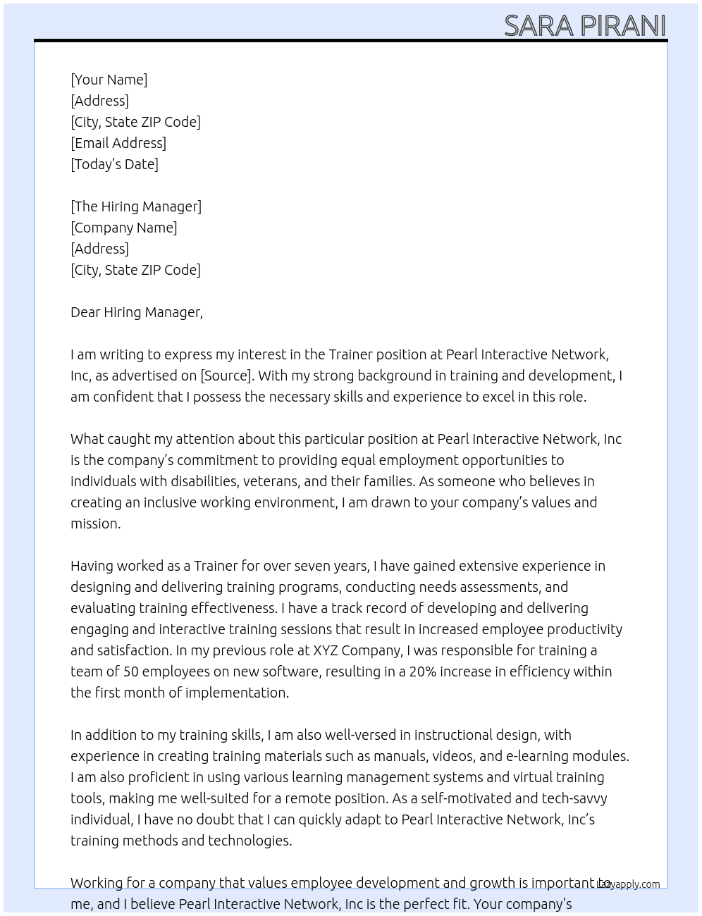 Trainer At Pearl Interactive Network, Inc Cover Letter
