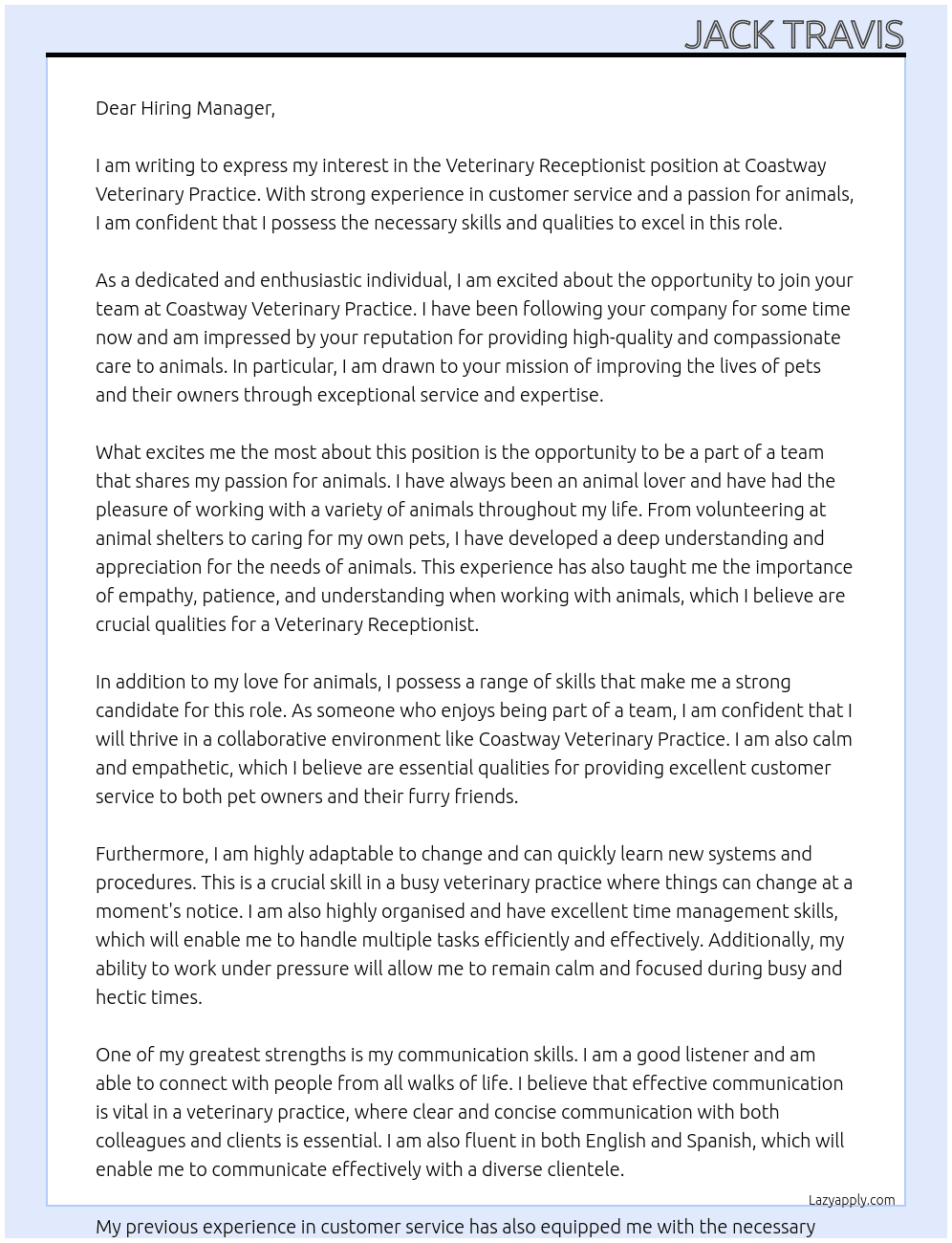 Veterinary Receptionist At Coastway Veterinary Practice  Cover Letter