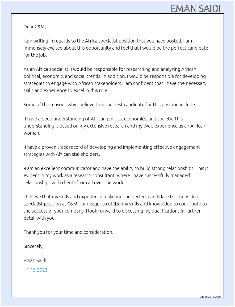 Africa specialist  At C&M Cover Letter