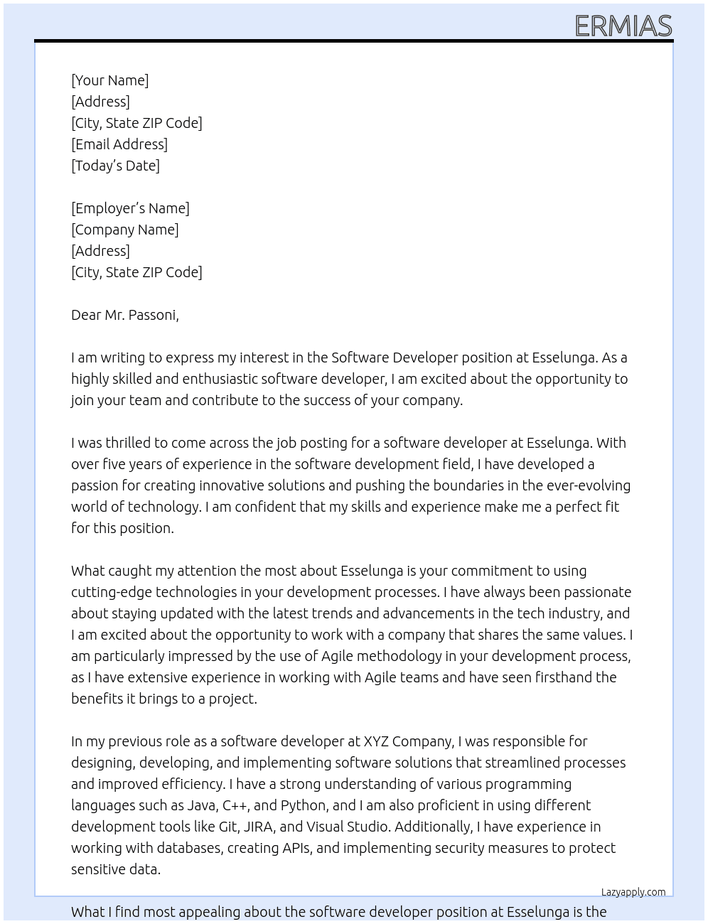 software developer At Esselunga Cover Letter