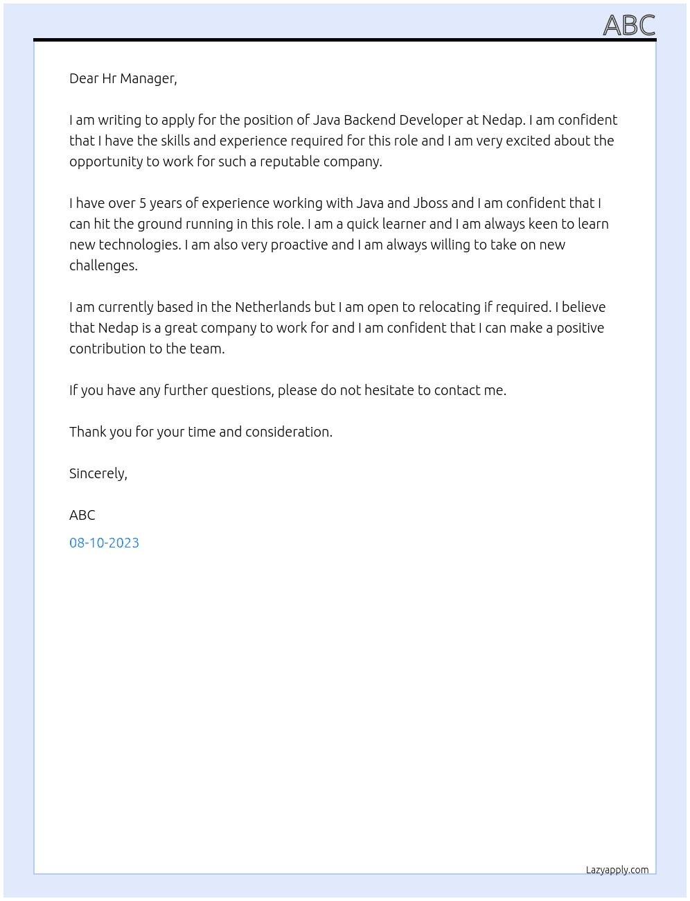 Java Backend Developer At Nedap Cover Letter
