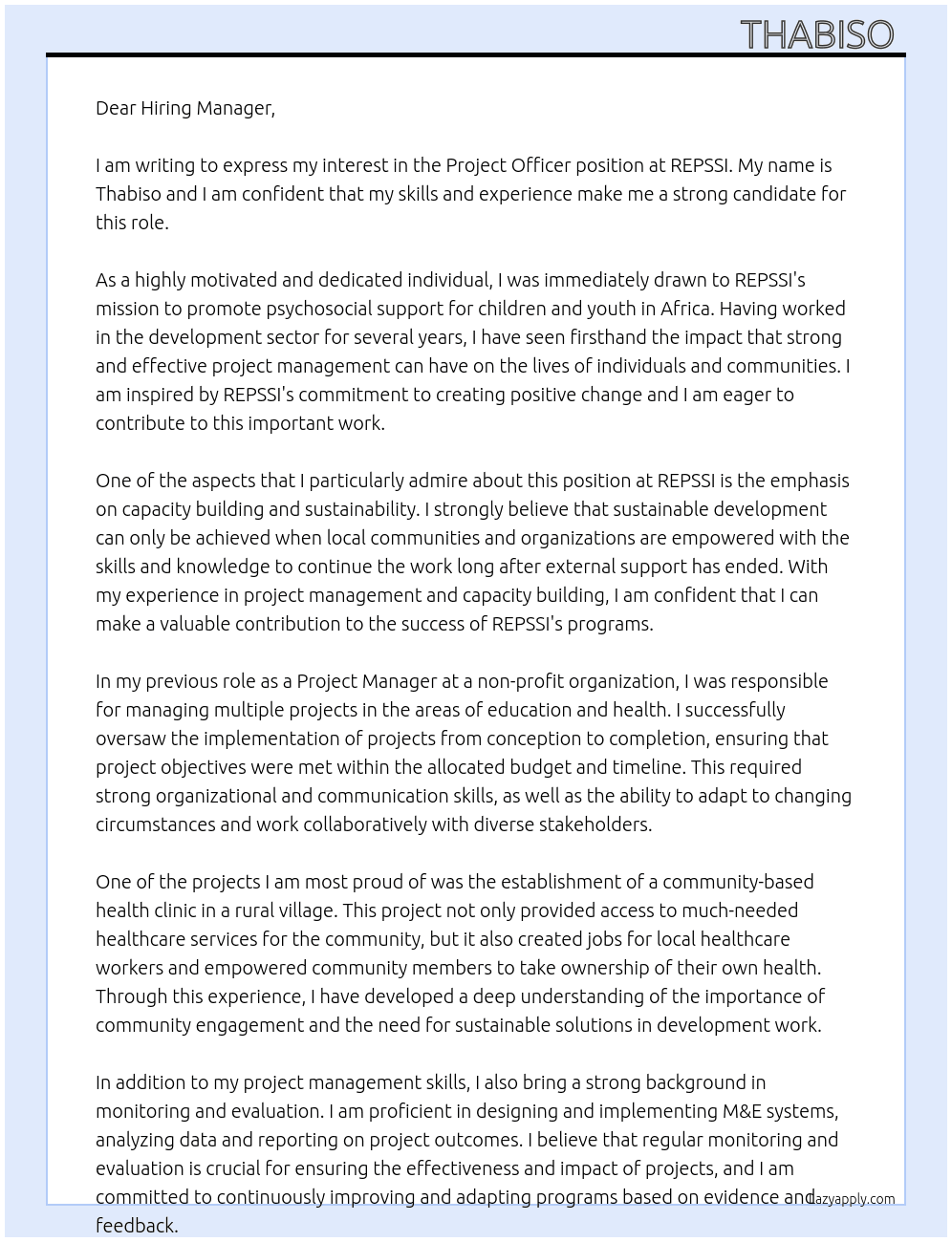 Project Officer At REPSSI Cover Letter