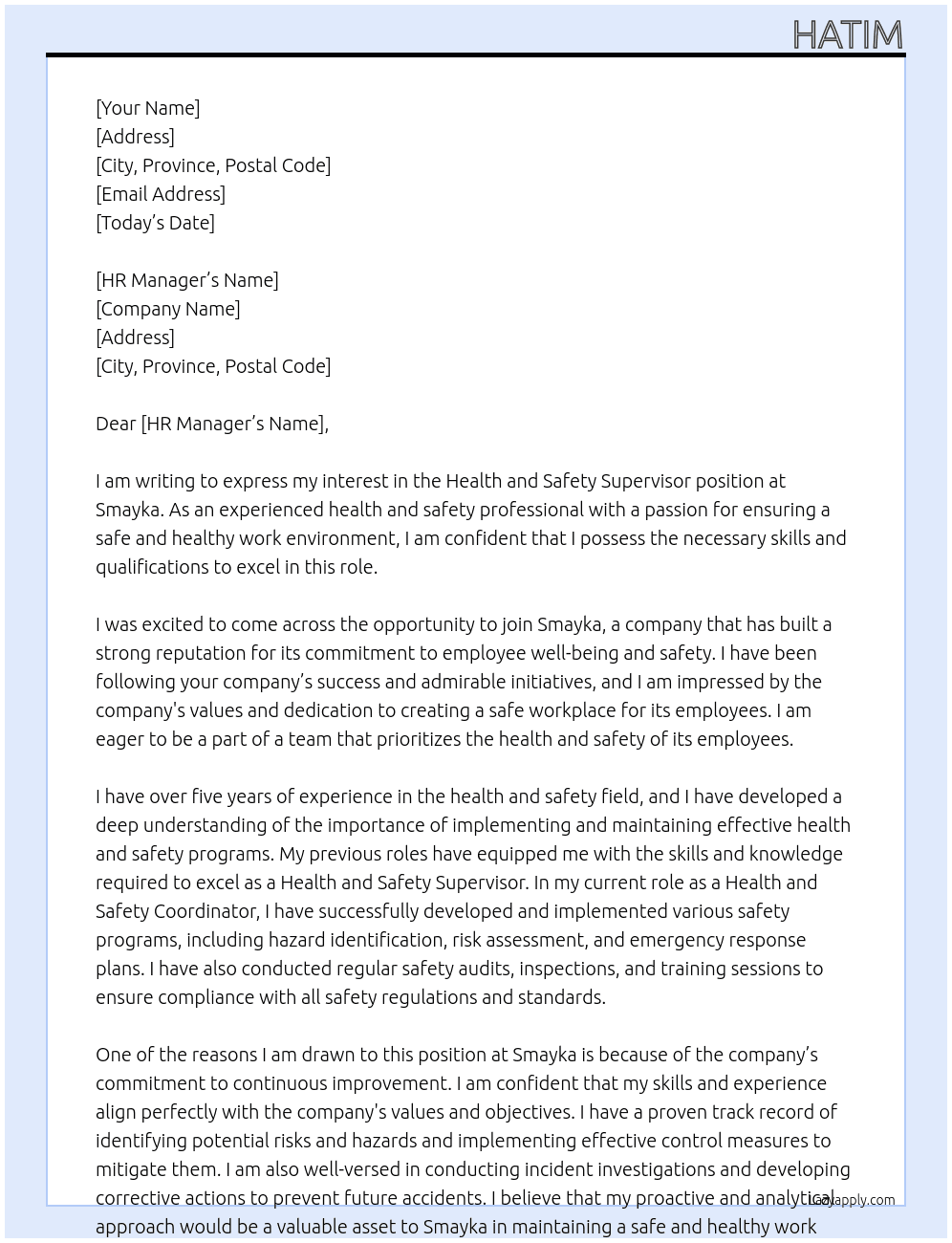 Health and safety supervisor At Smayka Cover Letter
