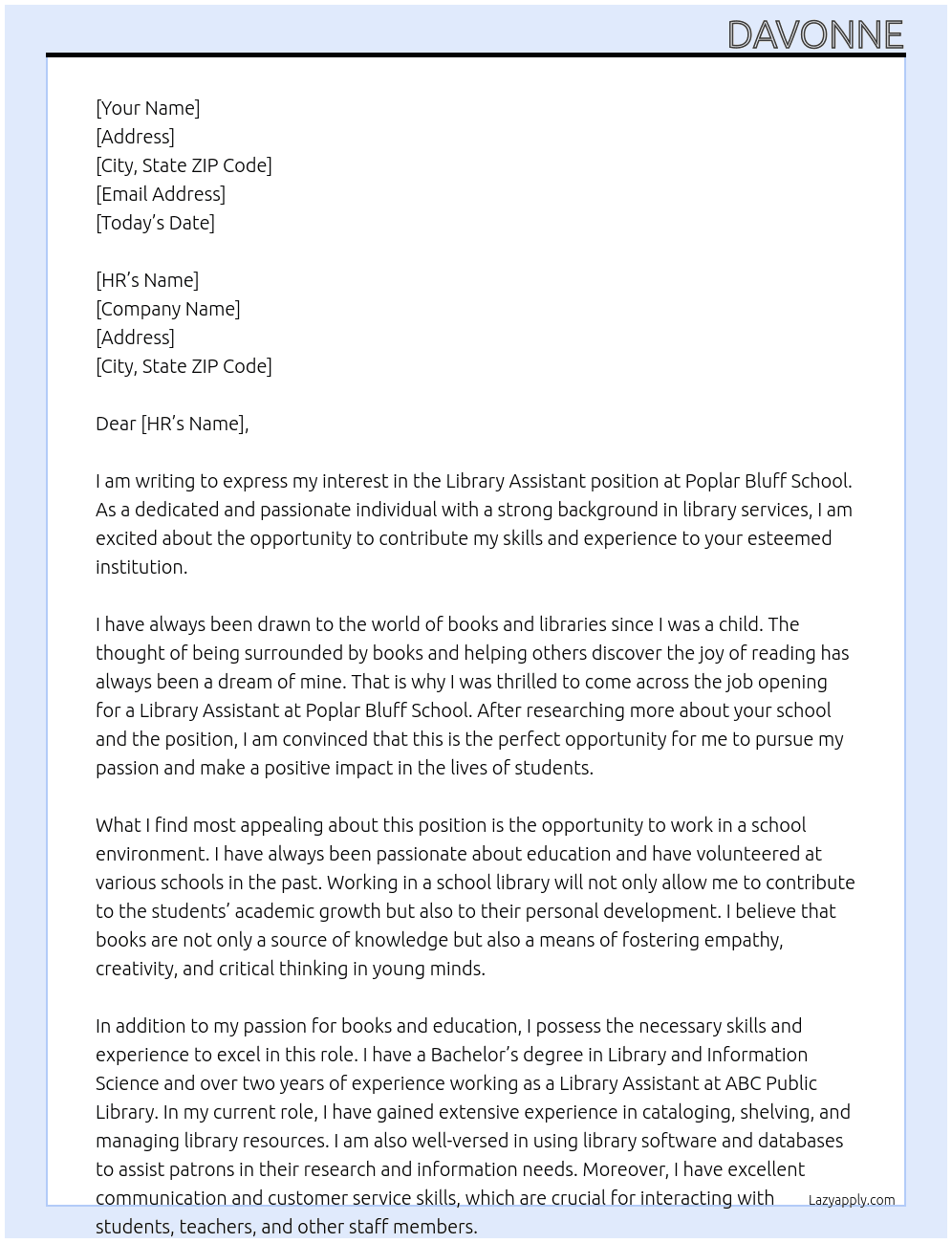 Library assistant  At Poplar Bluff School Cover Letter