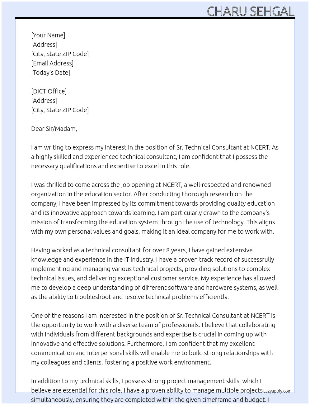 Sr. Technical Consultant At NCERT Cover Letter