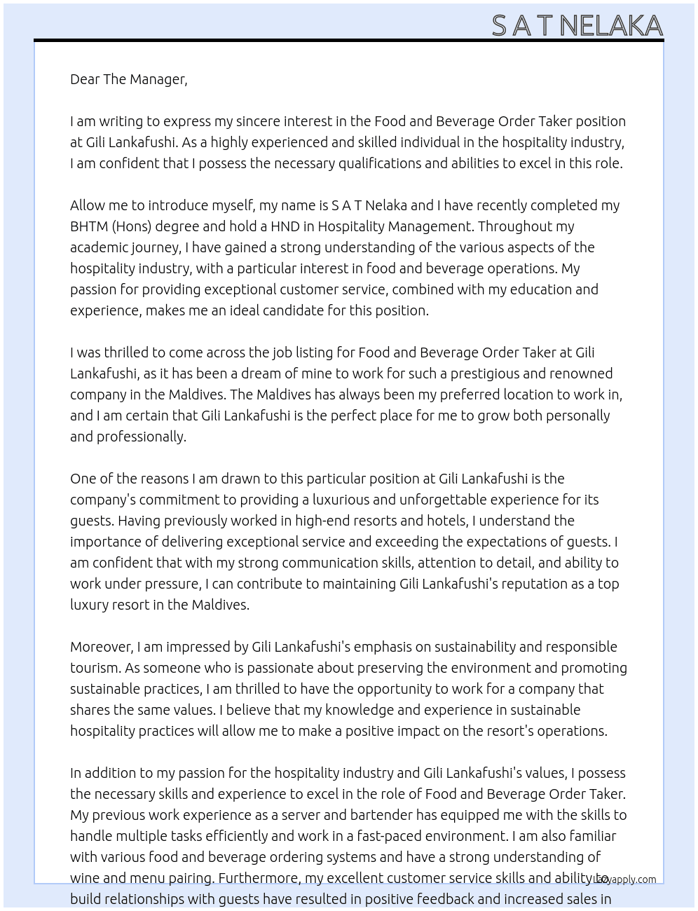 Food and Beverage Oder Taker At Gili Lankafushi Cover Letter
