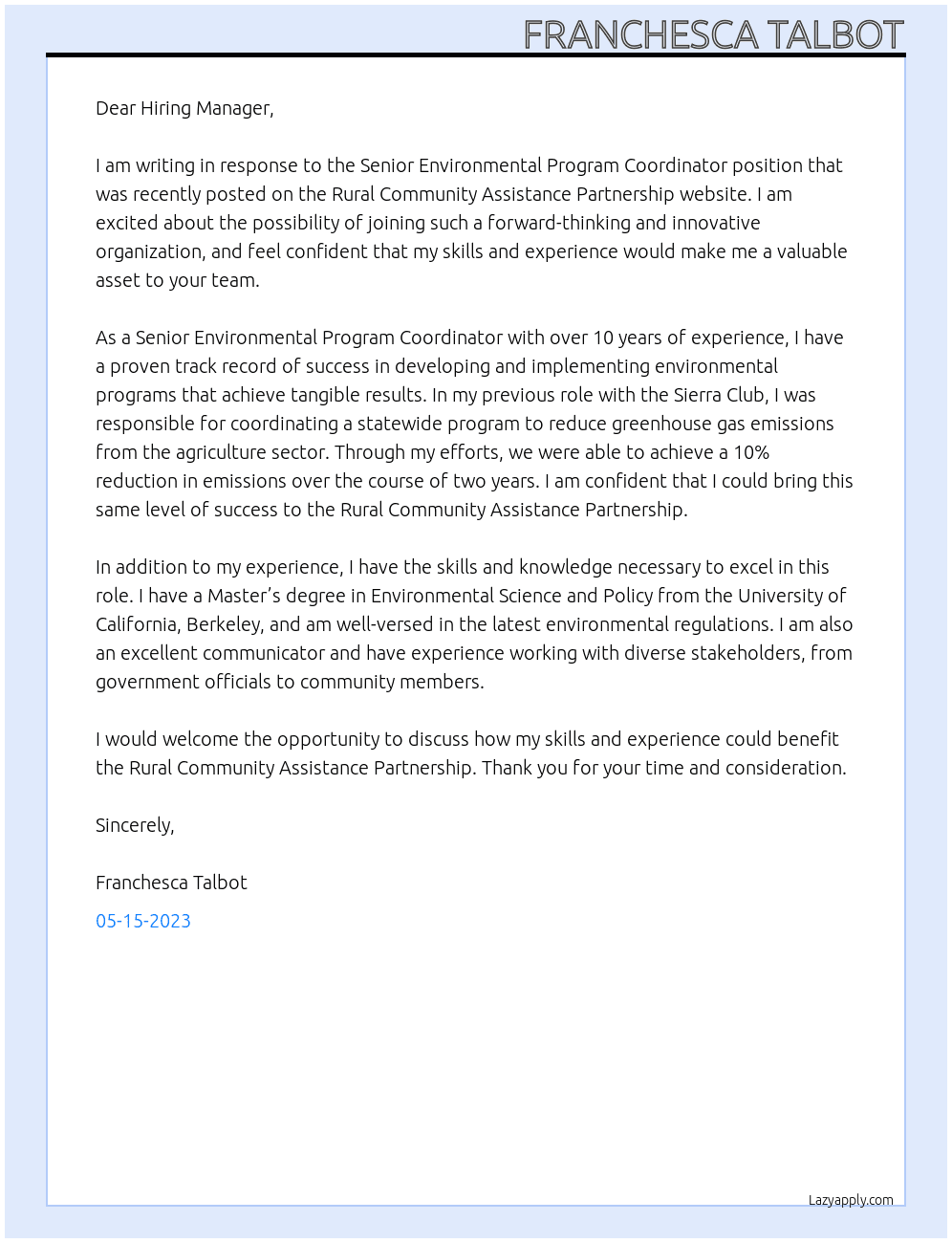 Senior Environmental Program Coordinator  At Rural Community Assistance Partnership  Cover Letter