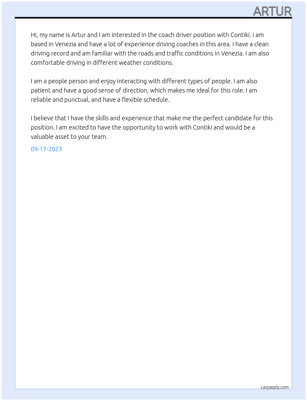 coach driver At Contiki Cover Letter