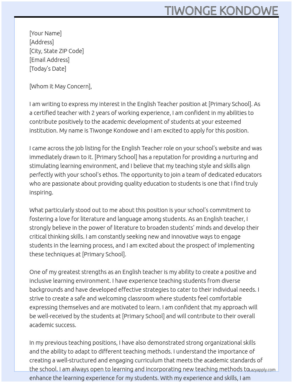 English Teacher At Primary School Cover Letter