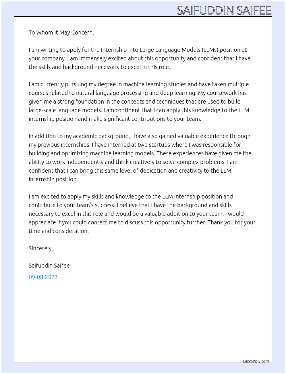 Internship into Large Language Models (LLMs) At  machine learning studies Cover Letter