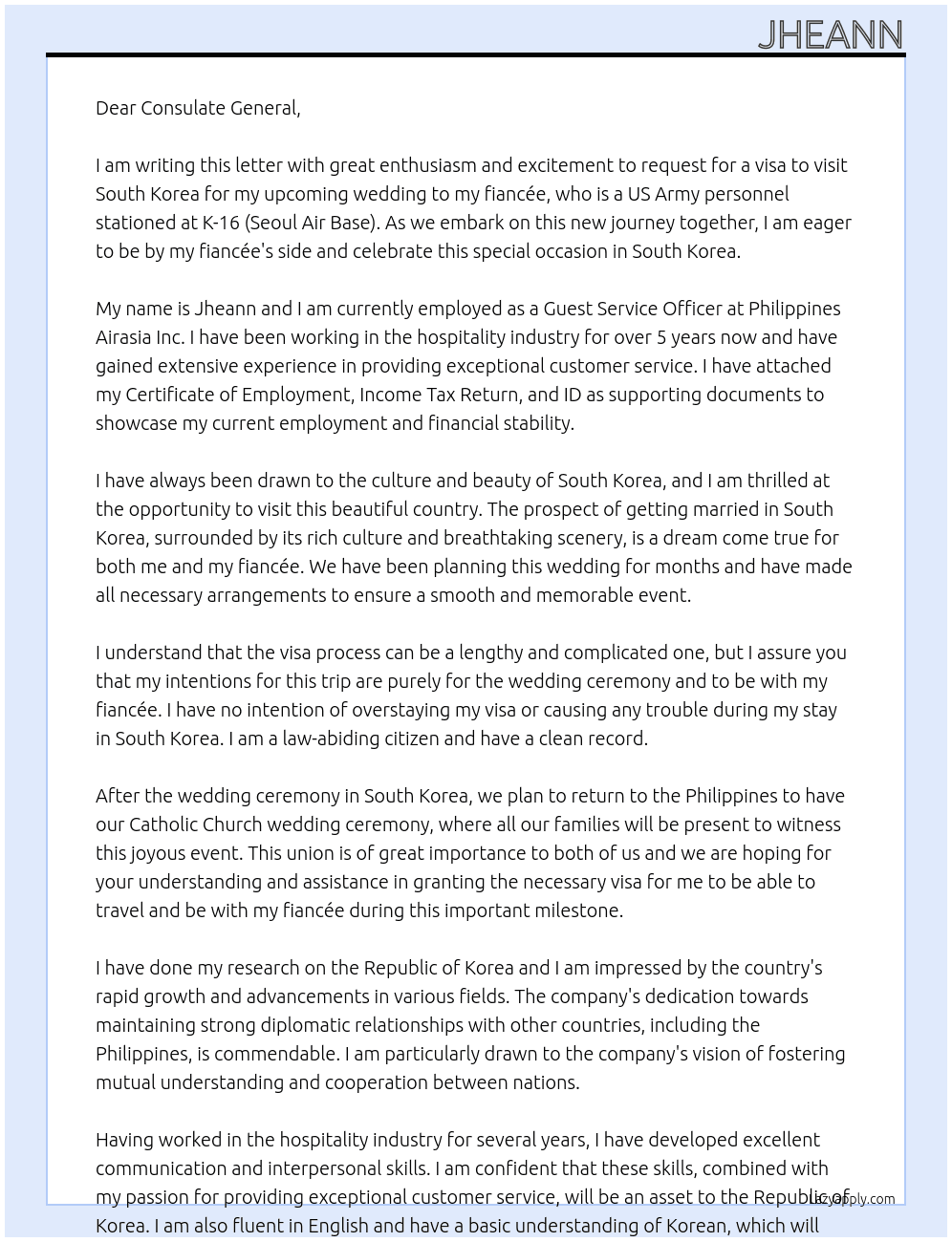 Fiancee At Republic of Korea Cover Letter