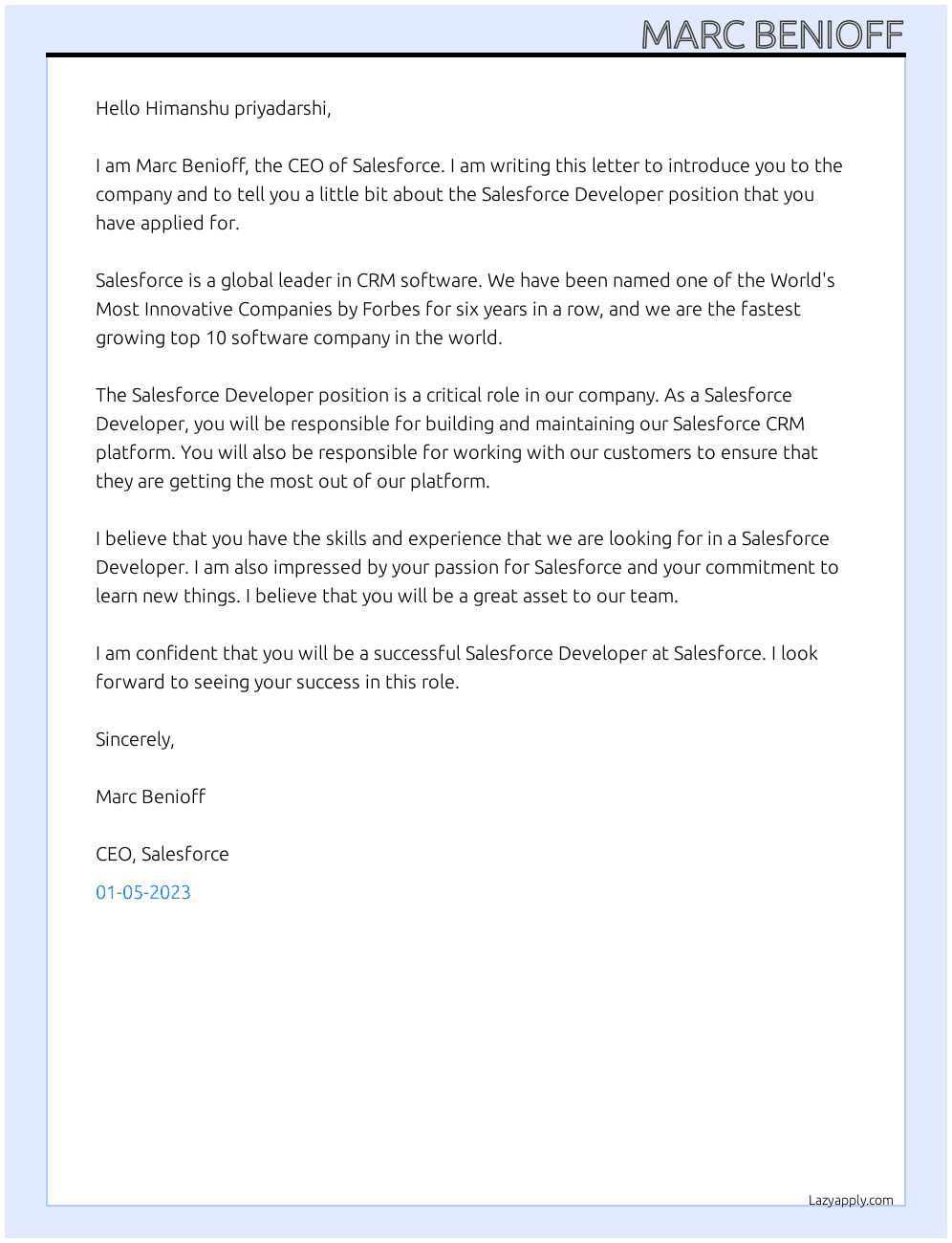 Salesforce Developer  At Salesforce  Cover Letter