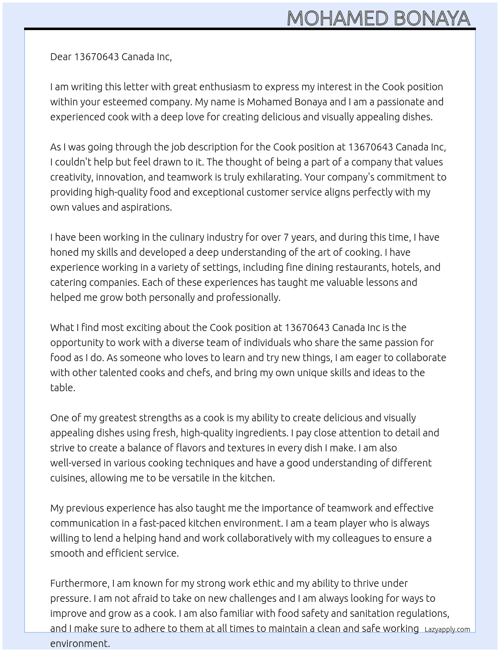 Cook At 13670643 Canada Inc Cover Letter