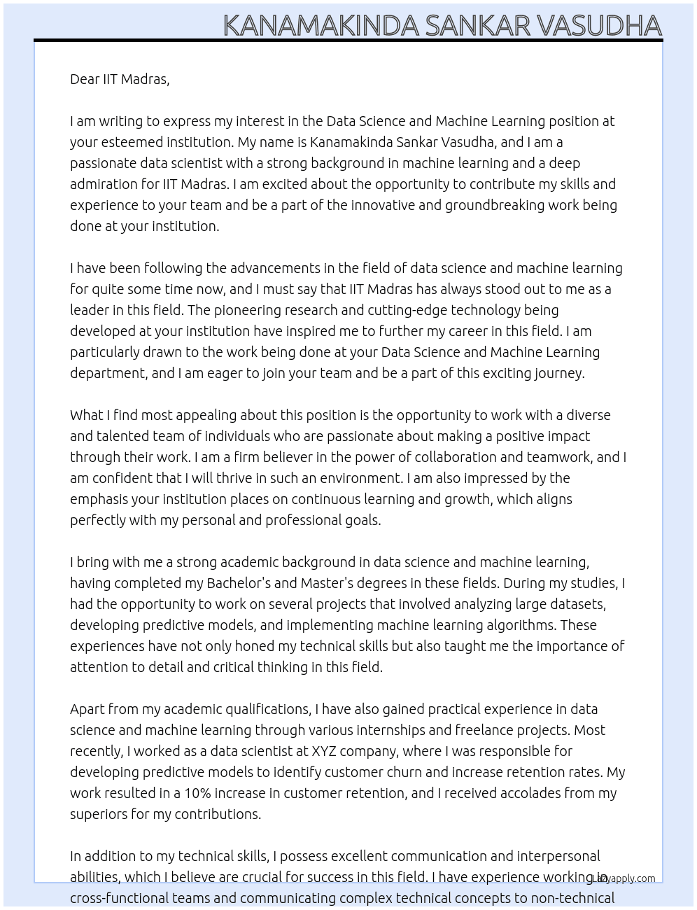data science and machine learning At IIT Madras Cover Letter