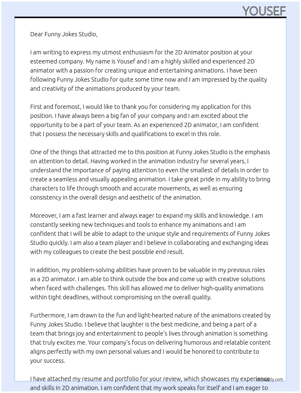2d animator At Funny jokes studio Cover Letter