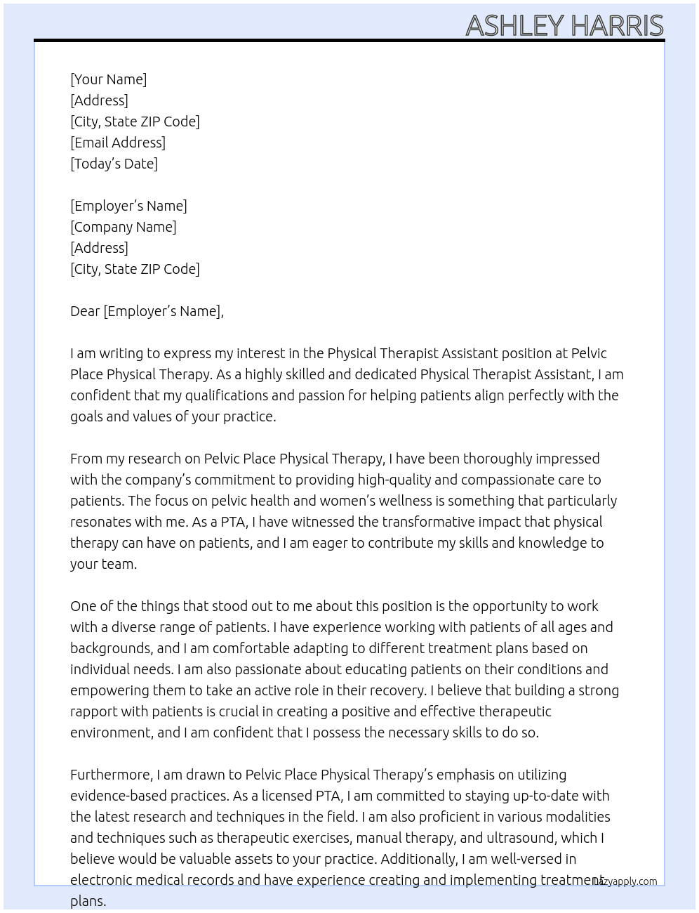 Physical Therapist Assistant At Pelvic Place Physical Therapy Cover Letter