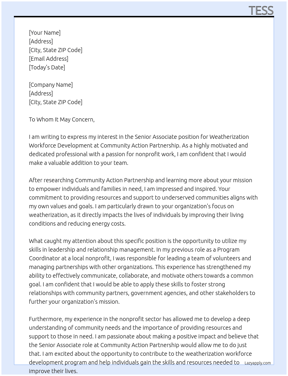 Senior Associate, Weatherization Workforce Development At Community Action Partnership Cover Letter