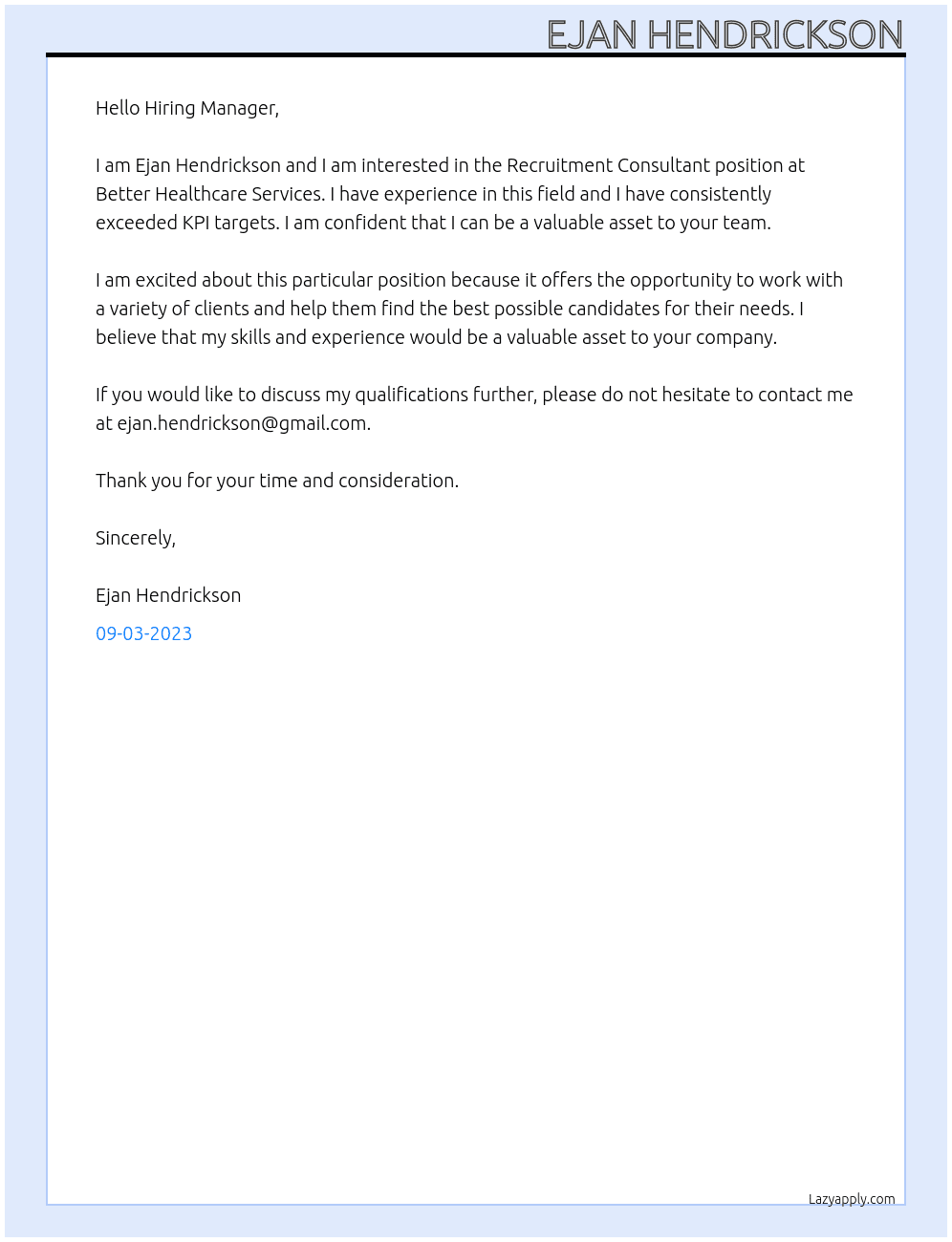 Recruitment Consultant  At Better Healthcare Services Cover Letter