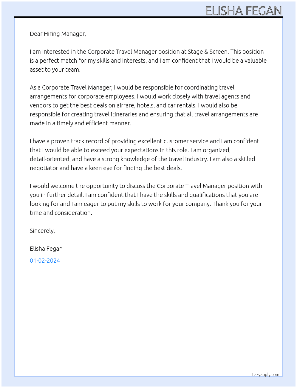 Corporate Travel Manager At Stage & Screen Cover Letter