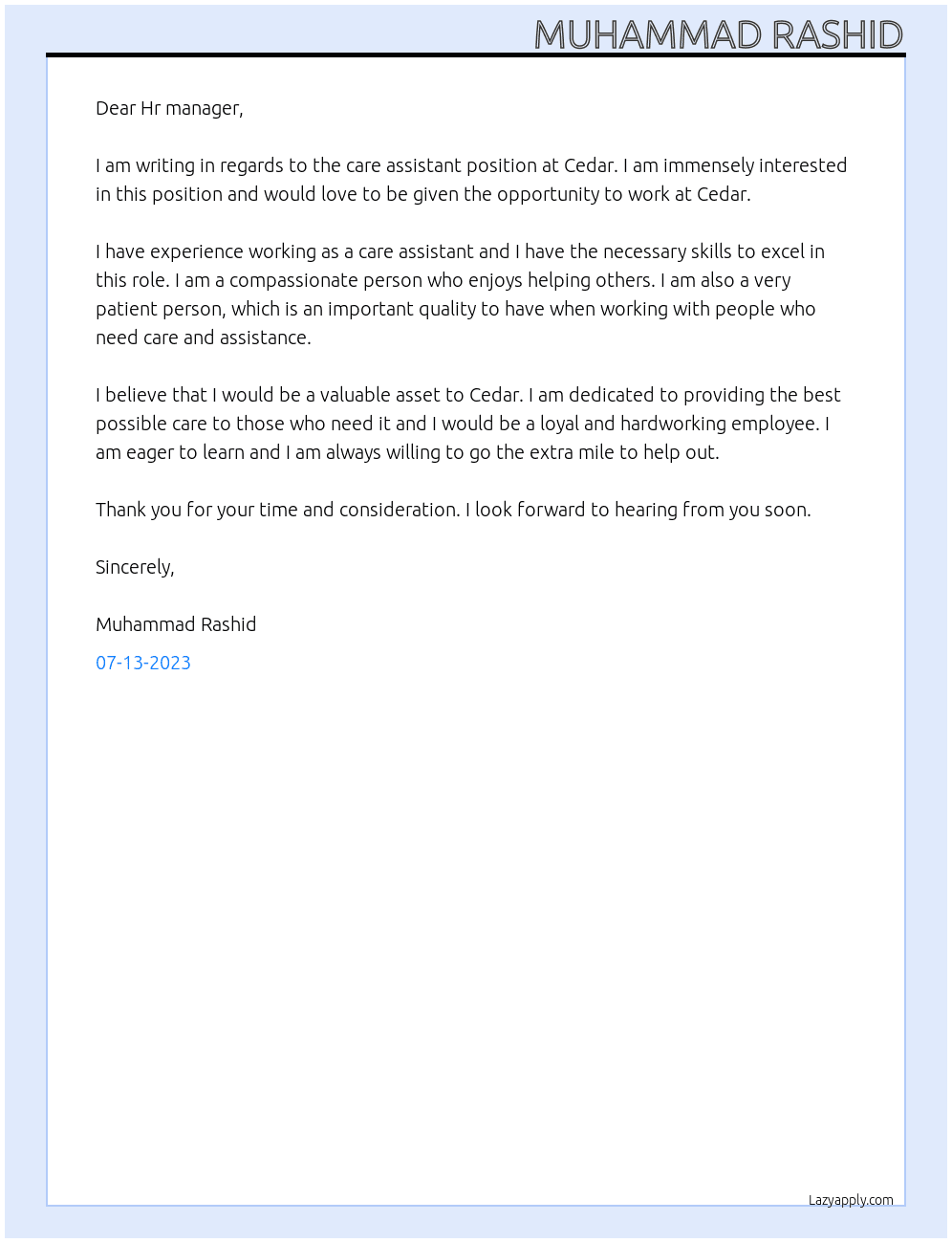 Care assitant At Cedar Cover Letter